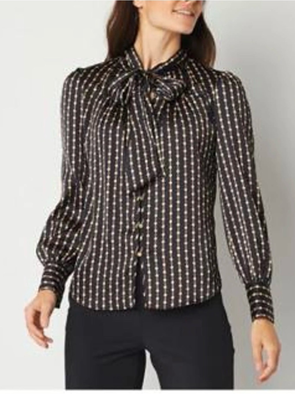 Worthington XS Chain Print Blouse Black White Tie Neck Button Front Long Sleeve